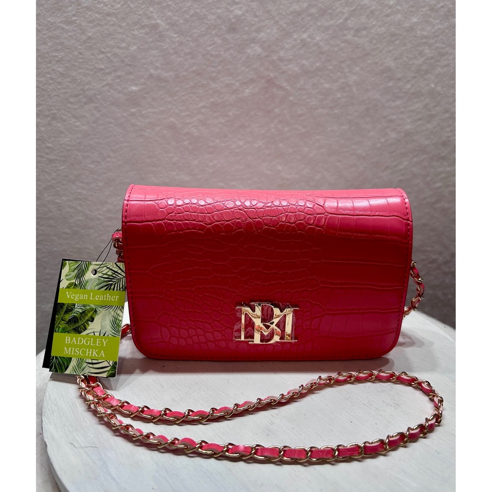 Badgley Mischka Pink Croco Crossbody Bag Vegan Leather Logo Plate BM-4173 NWT